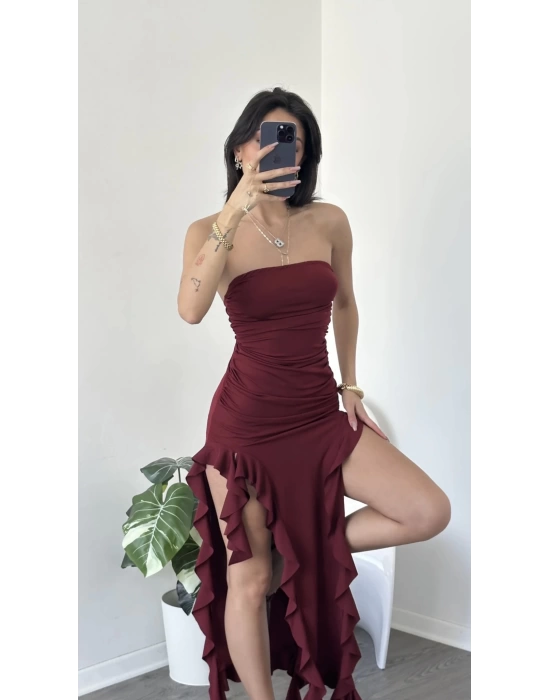 Bordo Elora Fırfırlı Straplez Elbise