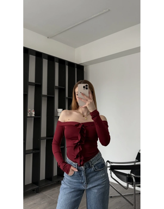 Bordo Fancy Madonna Fırfırlı Bluz