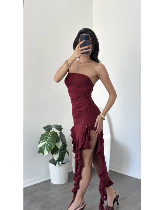 Bordo Fırfırlı Straplez Elbise
