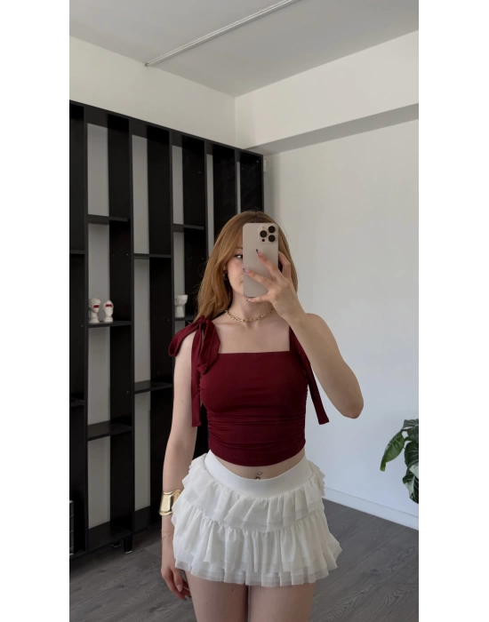 Bordo Fiyonk Askılı Bluz