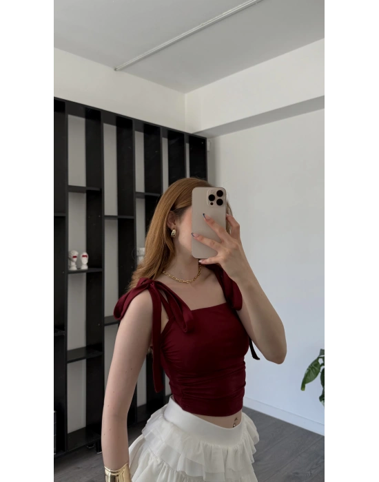 Bordo Fiyonk Askılı Bluz