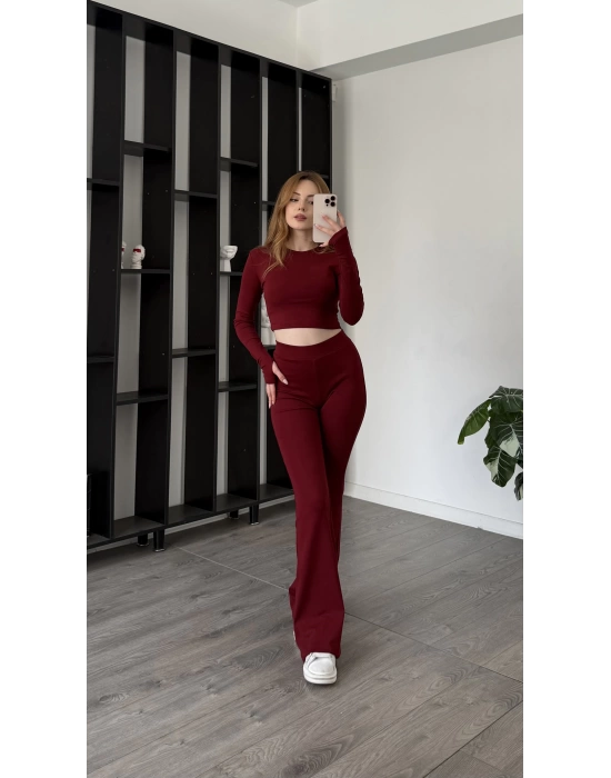 Bordo Gaia Parmak Geçirmeli Tayt Takım