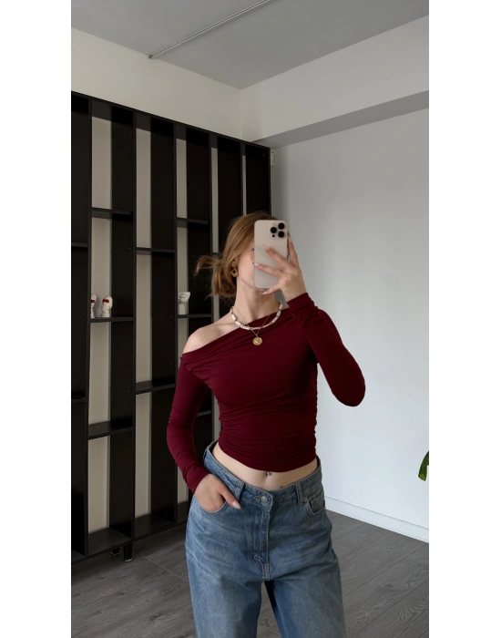 Bordo Helena Düşük Omuzlu Basic Bluz