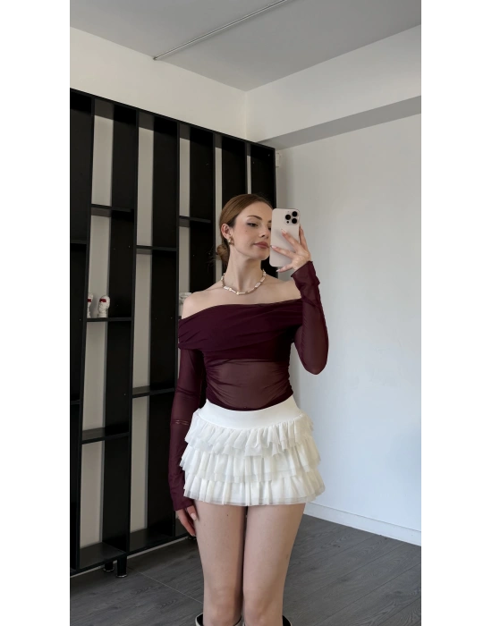 Bordo Isabel Tül Detay Madonna Bluz
