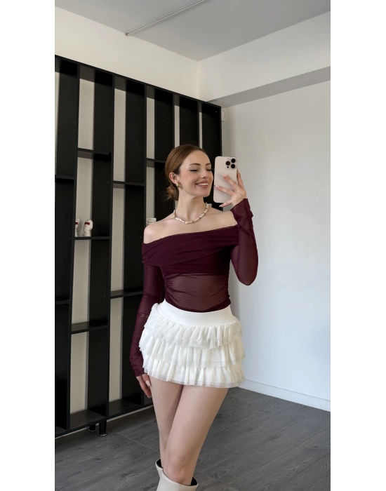 Bordo Isabel Tül Detay Madonna Bluz