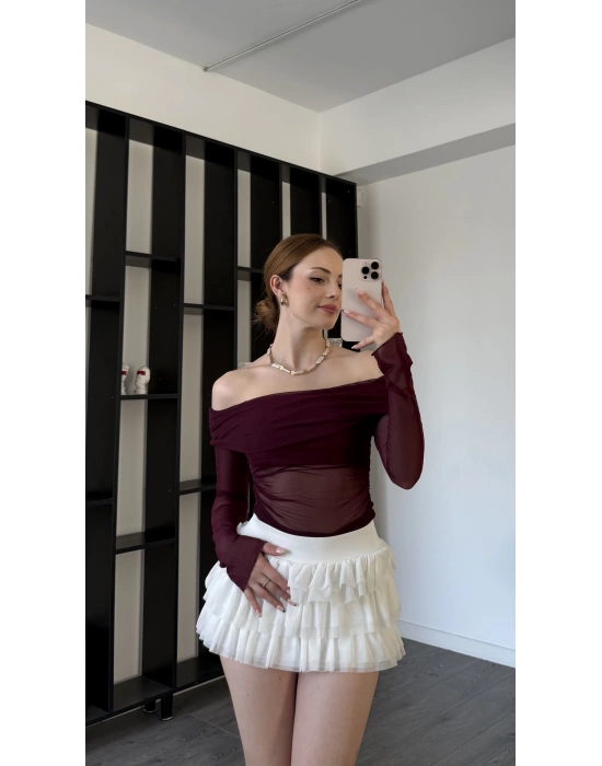 Bordo Isabel Tül Detay Madonna Bluz