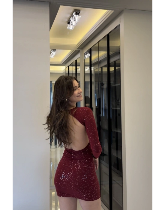 Bordo Işıltılı Sırt Dekolteli Mini Elbise