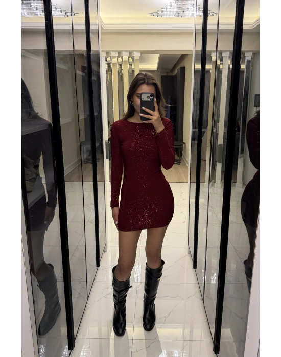 Bordo Işıltılı Sırt Dekolteli Mini Elbise