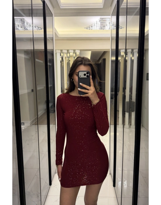 Bordo Işıltılı Sırt Dekolteli Mini Elbise