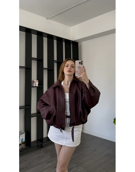 Bordo Jenna Kemerli Bomber Deri Ceket