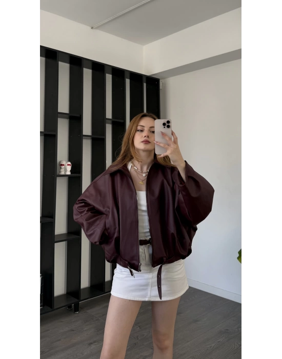 Bordo Jenna Kemerli Bomber Deri Ceket