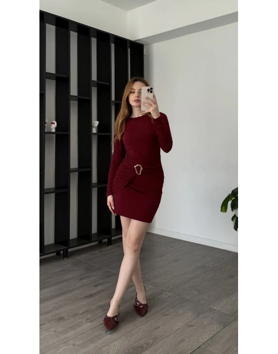 Bordo Kalia Broş Bel Detaylı Elbise