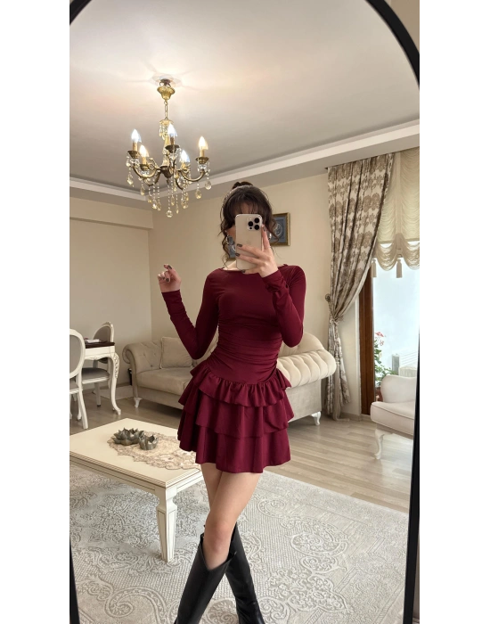 Bordo Kat Kat Volanlı Mini Elbise
