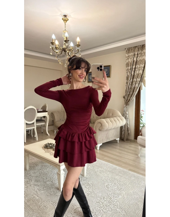 Bordo Kat Kat Volanlı Mini Elbise
