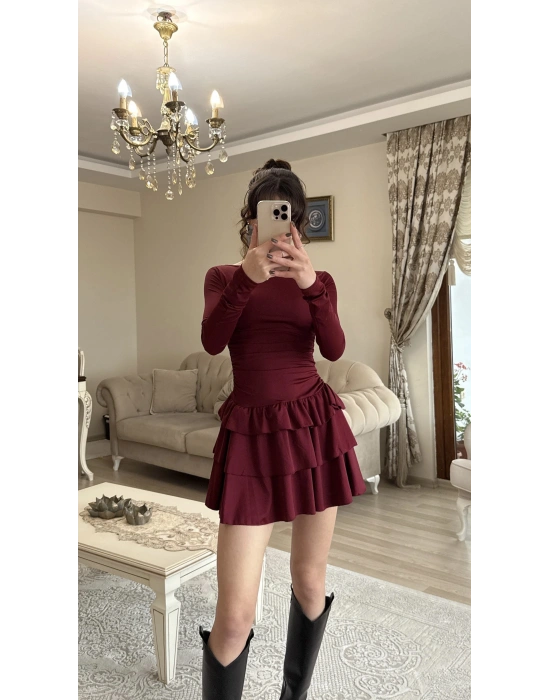 Bordo Kat Kat Volanlı Mini Elbise