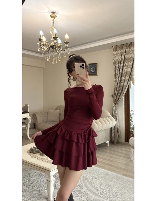 Bordo Kat Kat Volanlı Mini Elbise