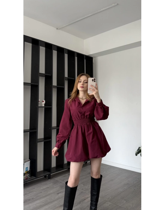 Bordo Kendra Balon Etekli Gömlek Elbise