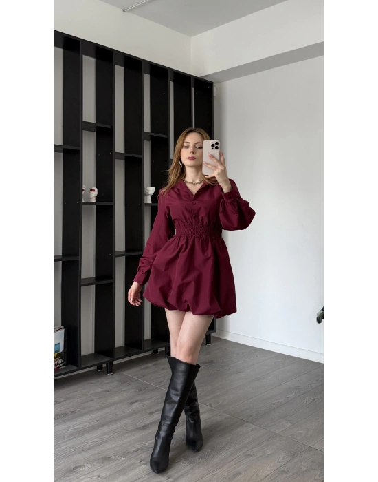 Bordo Kendra Balon Etekli Gömlek Elbise
