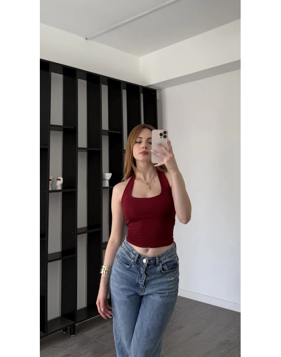 Bordo Lancel Astarlı Boyundan Askılı Basic Bluz