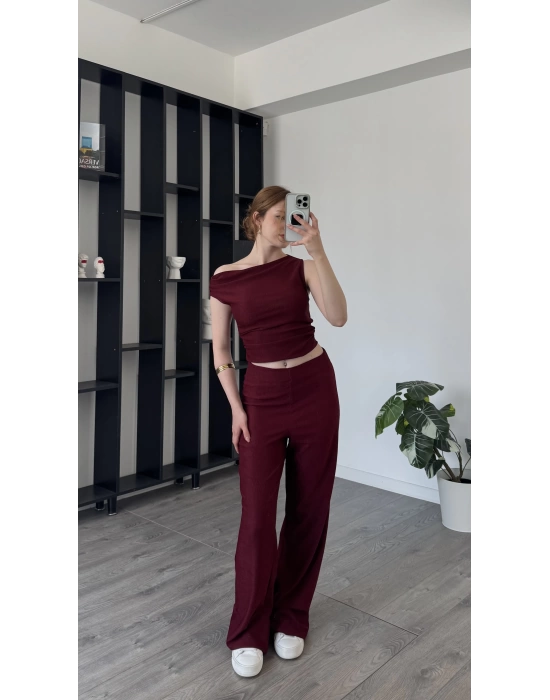 Bordo Leila Düşük Omuzlu 2’li Takım