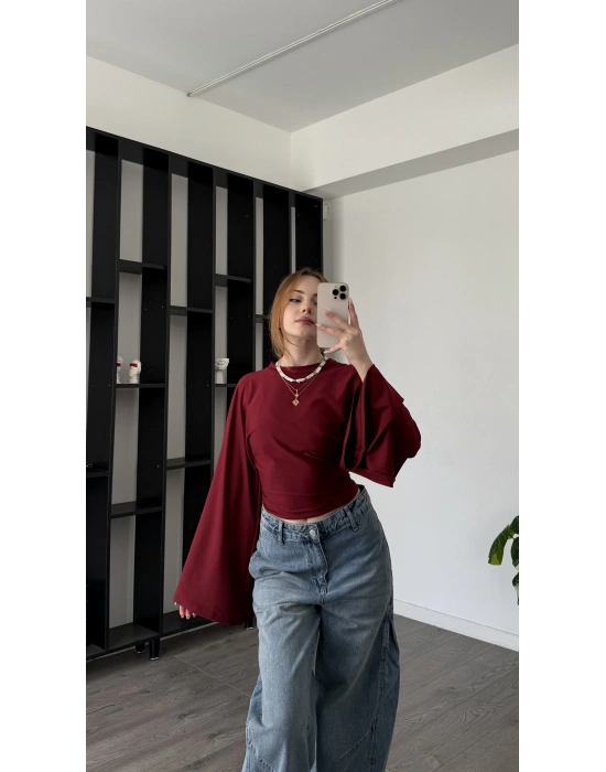 Bordo Lia Yarasa Kollu Bluz
