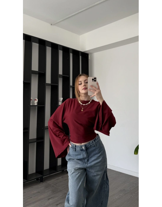 Bordo Lia Yarasa Kollu Bluz