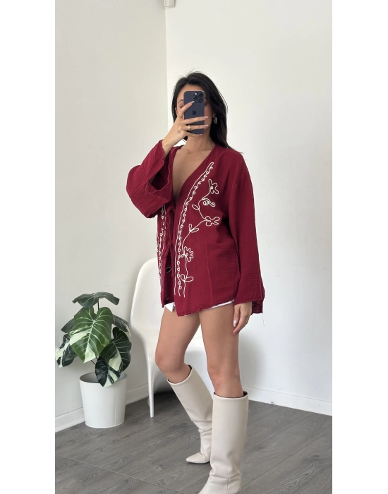 Bordo Lisa Nakış İşlemeli Kimono