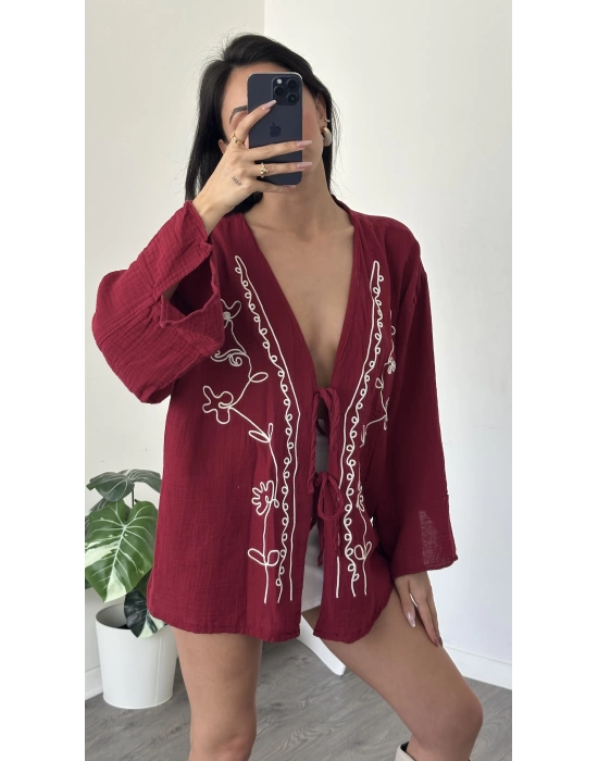 Bordo Lisa Nakış İşlemeli Kimono
