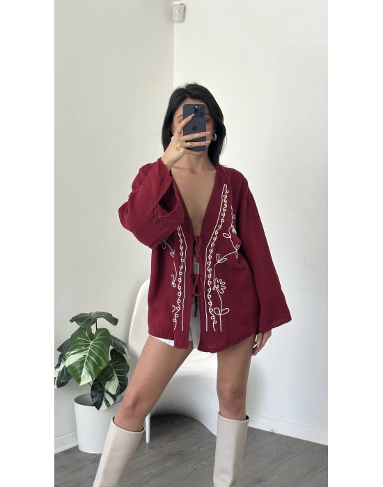 Bordo Lisa Nakış İşlemeli Kimono
