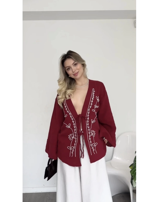 Bordo Lisa Nakış İşlemeli Kimono
