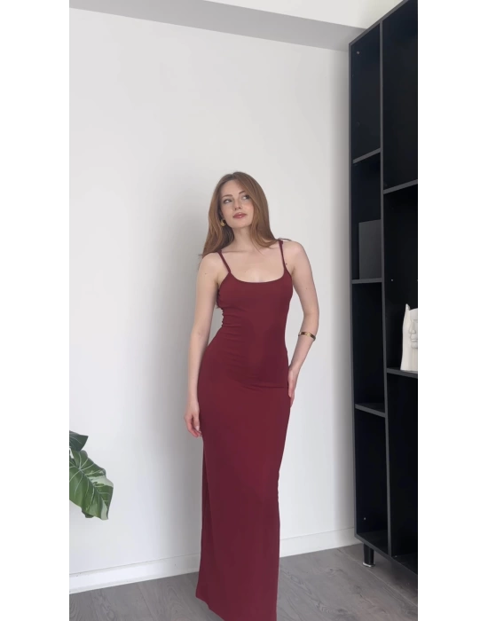 Bordo Melina Askılı Basic Uzun Elbise