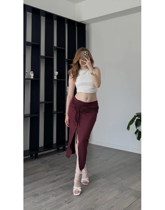 Bordo Melinda Büzgülü Etek