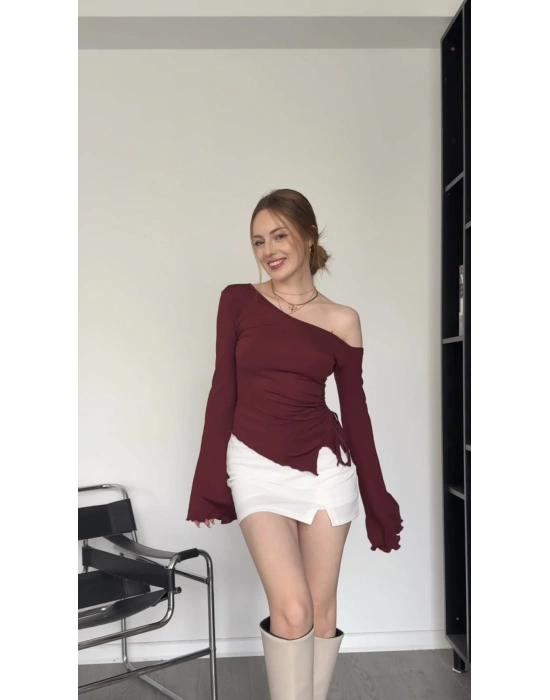 Bordo Merinda Bağcıklı Asimetrik Bluz