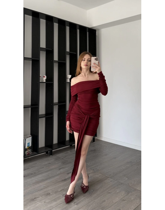 Bordo Mery Kuşak Detaylı Madonna Elbise