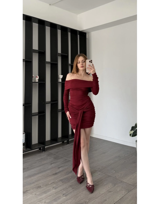 Bordo Mery Kuşak Detaylı Madonna Elbise