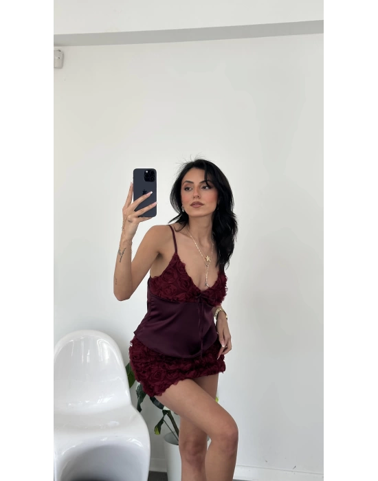 Bordo Mia Saten Güllü Takım