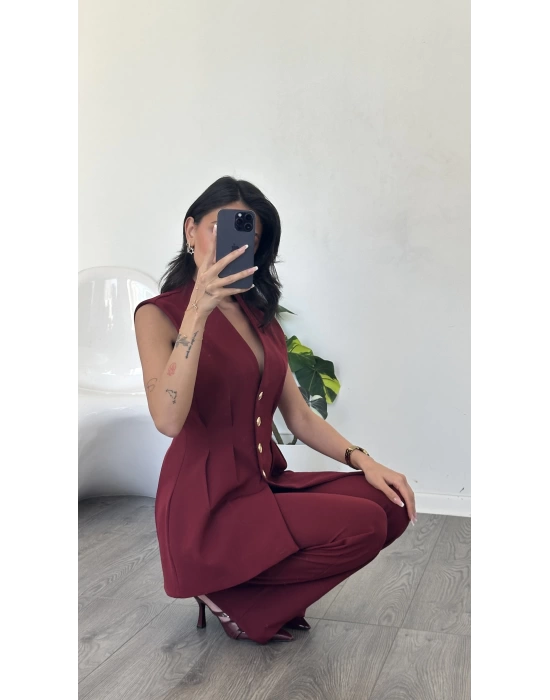 Bordo Nitsa Gold Düğme Detay Takım