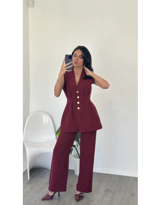 Bordo Nitsa Gold Düğme Detay Takım