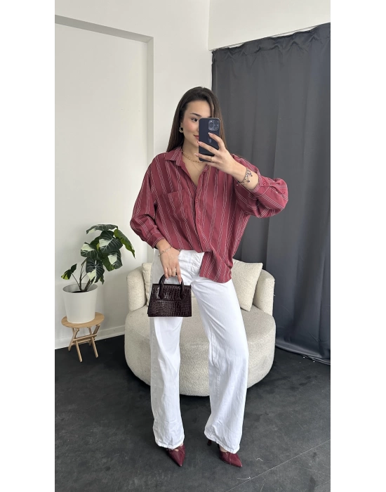 Bordo Oversize Çizgi Desen Gömlek