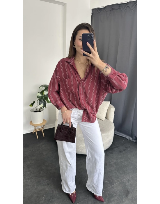Bordo Oversize Çizgi Desen Gömlek