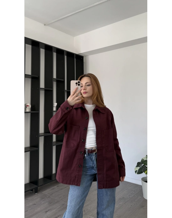 Bordo Oversize Gabardin Gömlek Ceket