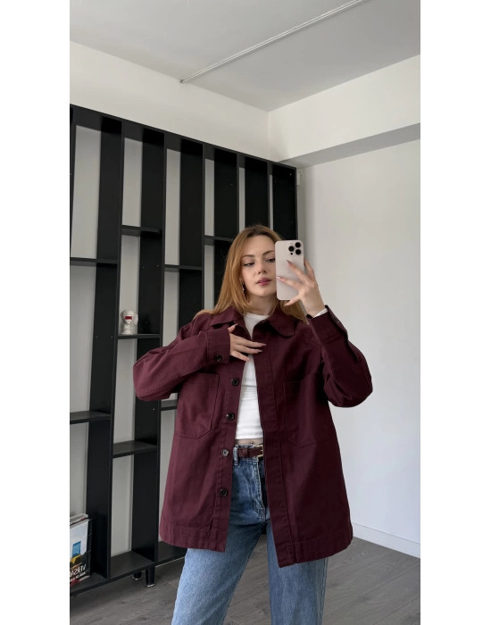 Bordo Oversize Gabardin Gömlek Ceket