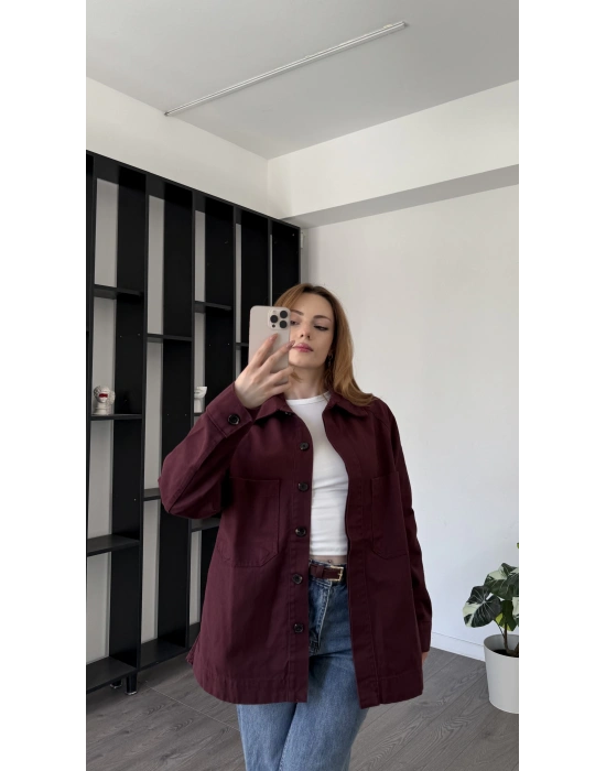 Bordo Oversize Gabardin Gömlek Ceket
