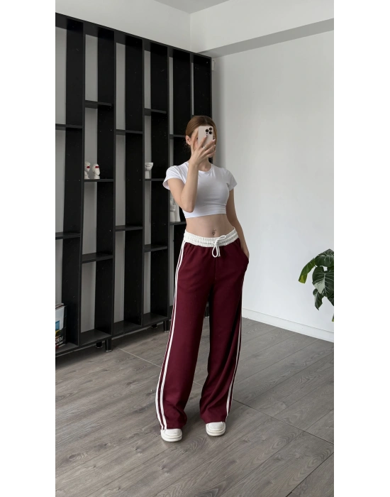 Bordo Perry Çizgili Eşofman Altı