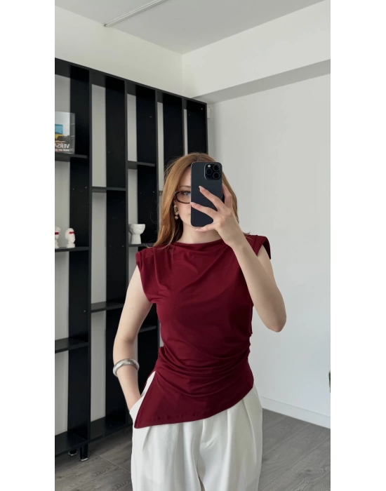 Bordo Reina Vatkalı Asimetrik Bluz