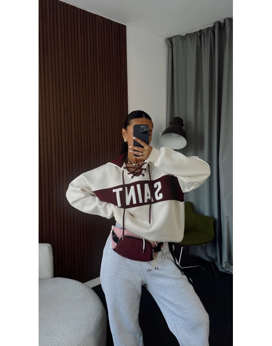 Bordo Saint Bağcık Yakalı Kapüşonlu Sweatshirt