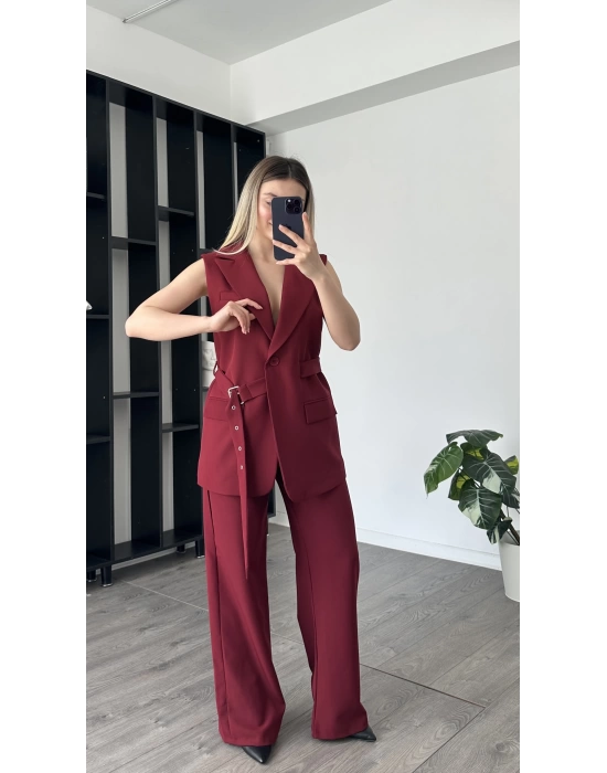 Bordo Tancy kemer Detaylı Pantolon-Yelek Takım