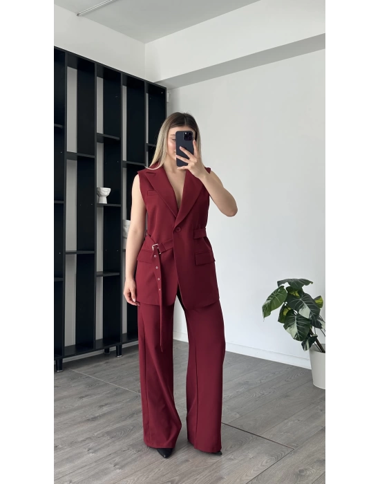 Bordo Tancy kemer Detaylı Pantolon-Yelek Takım
