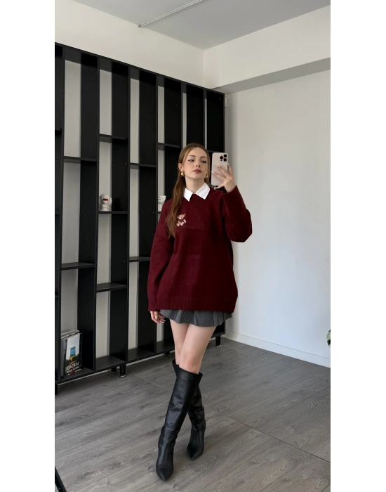 Bordo Teddy Nakışlı Premium Kazak