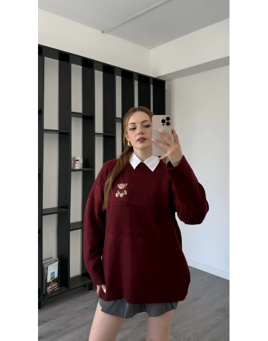Bordo Teddy Nakışlı Premium Kazak